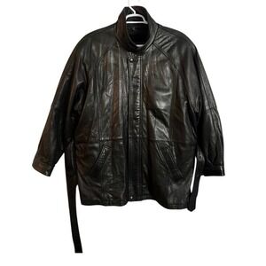 Vintage Max America Mens Genuine Leather Jacket XL Black Lined Belted Italy Lamb